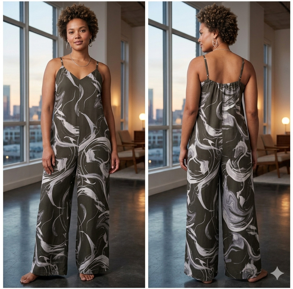 Athleta Calm Cool Swirl Wide Leg Palazzo Jumpsuit V-Neck Streetwear Sporty Sz-M
